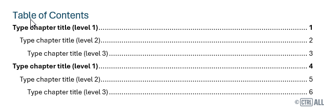 Manual Table of contents editing example in Word
